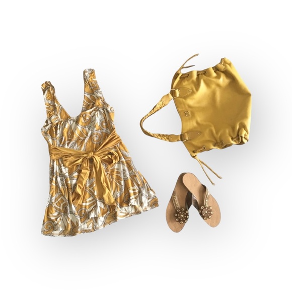 Come Como ❁ Printed Plunging V Neck Tunic Cami Tank ❁ Goldenrod + Ivory ❁ Large - Picture 13 of 16